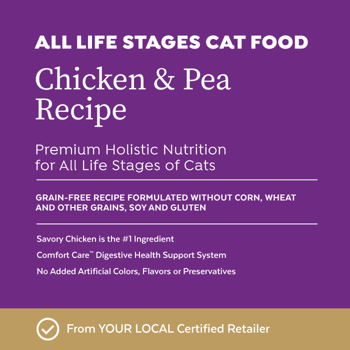 Close-up image of Infinia® Chicken & Pea Recipe All Life Stages Cat & Kitten Food bag